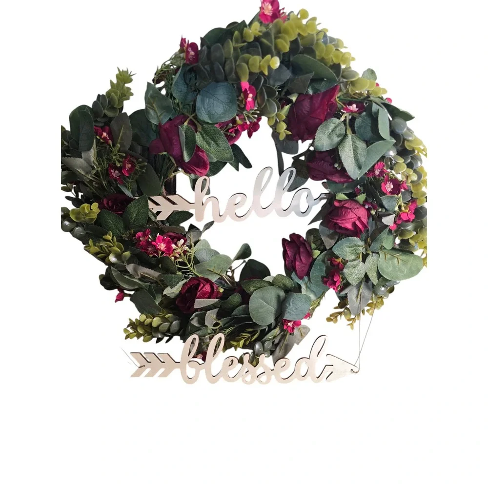 Hello Blessed Welcome Floral Wreath Front Door Decor Artificial Flower Wreath